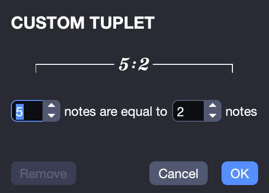 Configuration of an n:m Tuplet in Guitar Pro 8