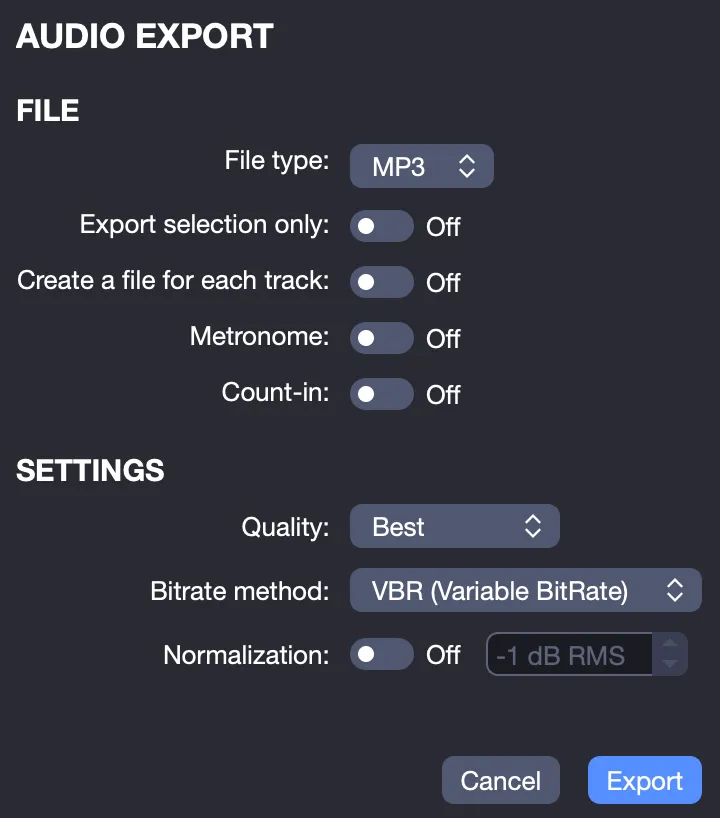 Audio export window