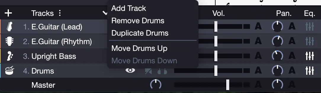 Contextual menu of a track in the Global View
