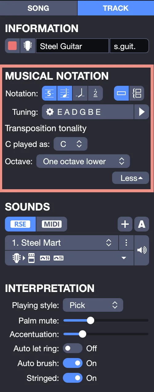Track musical notation from the inspector