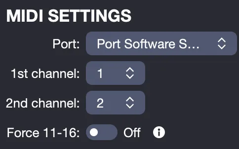 MIDI port and channel settings in the inspector