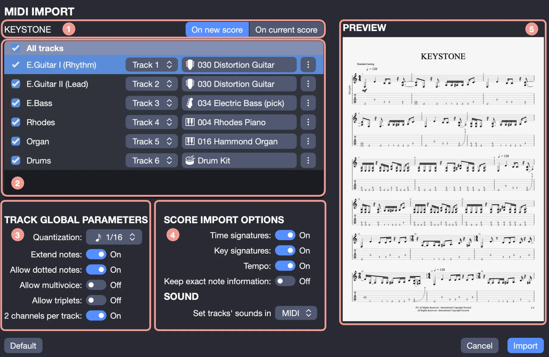MIDI import window