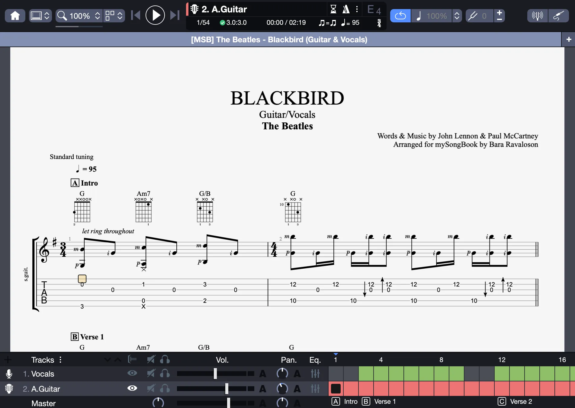 mySongBook score opened in Guitar Pro