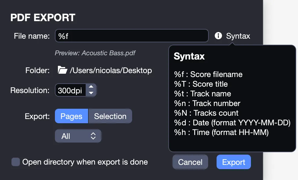 PDF export window