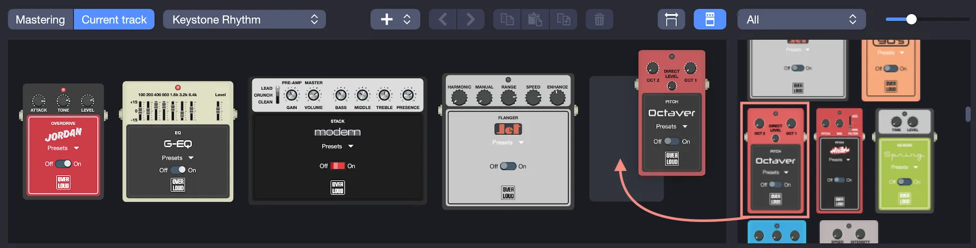 Dragging and dropping a pedal