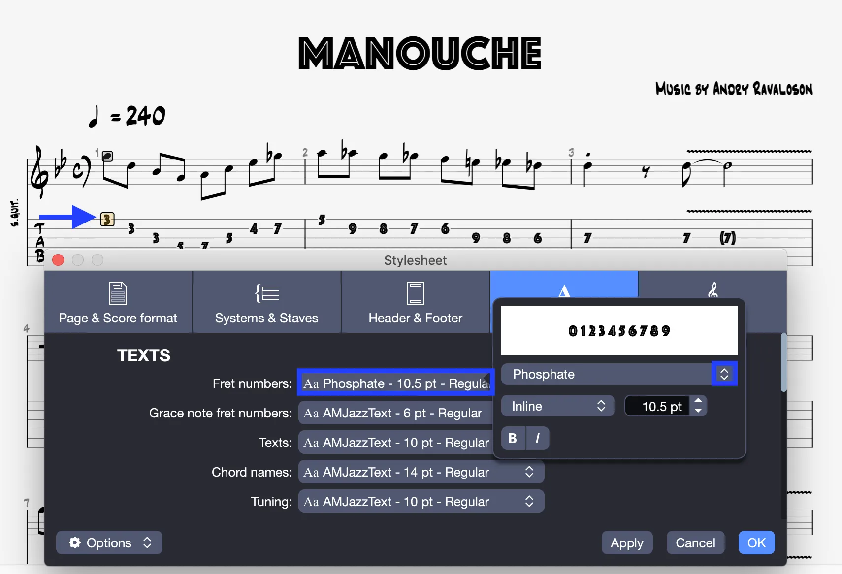 Set fret numbers font