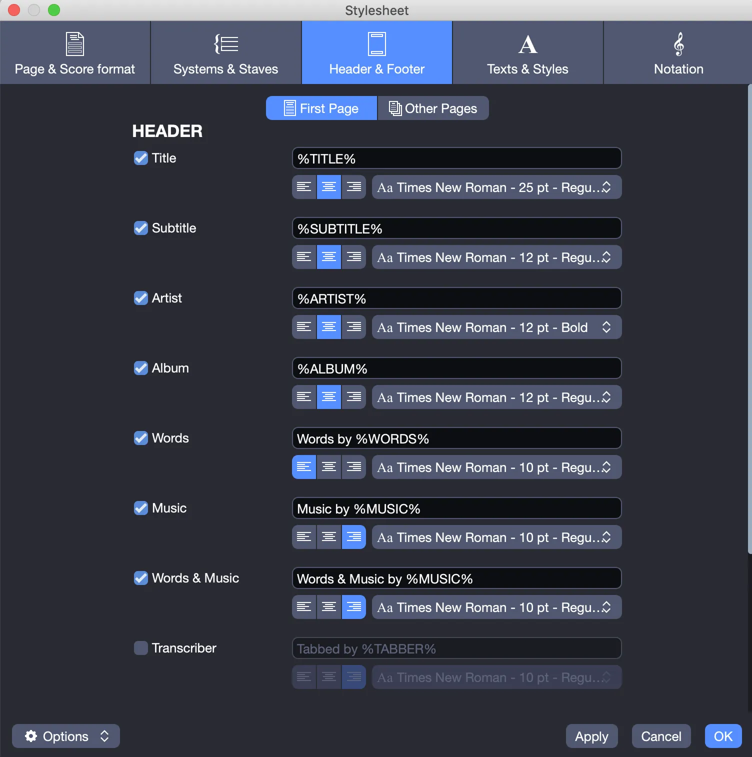 Header settings