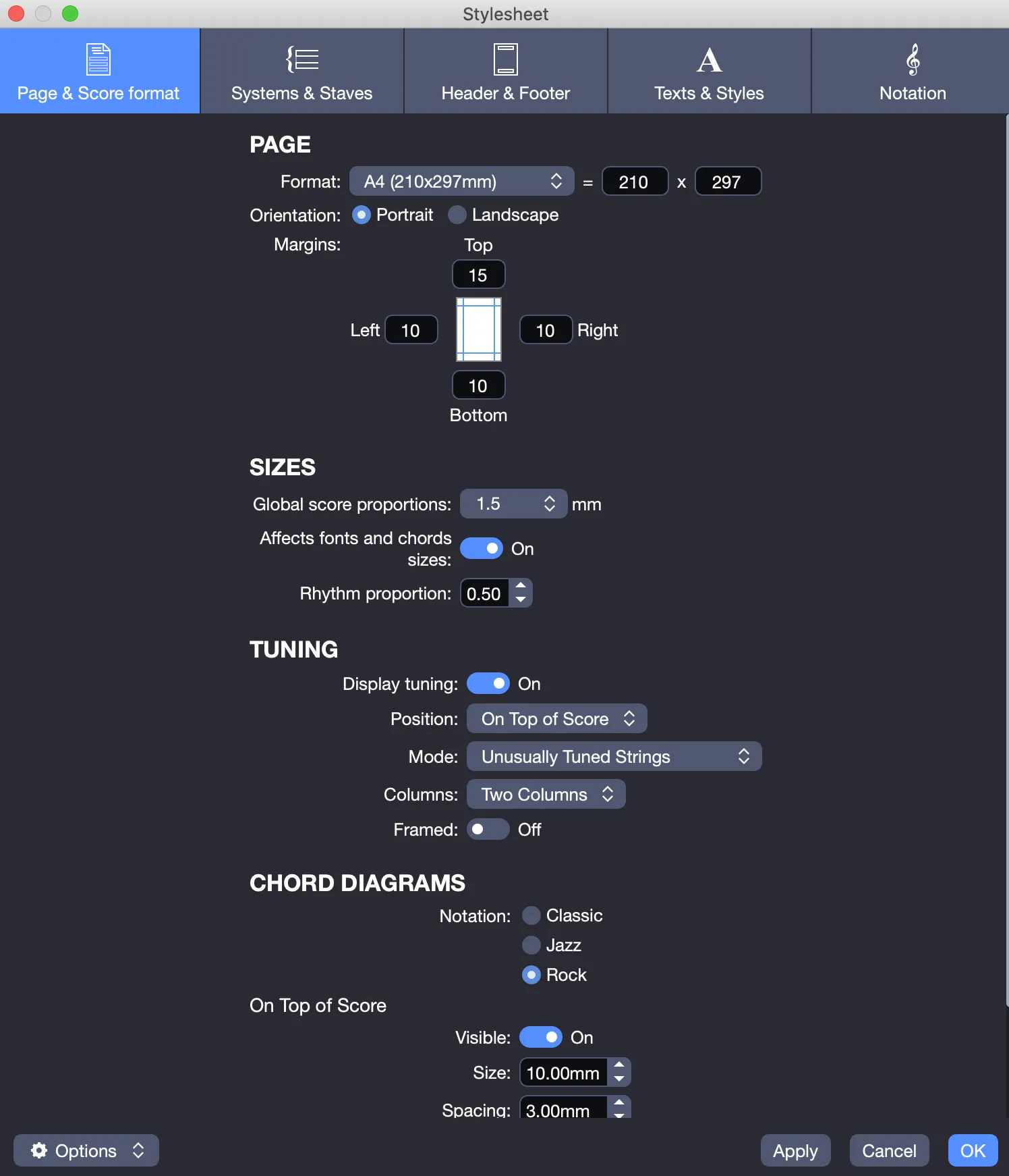Page & Score Format tab