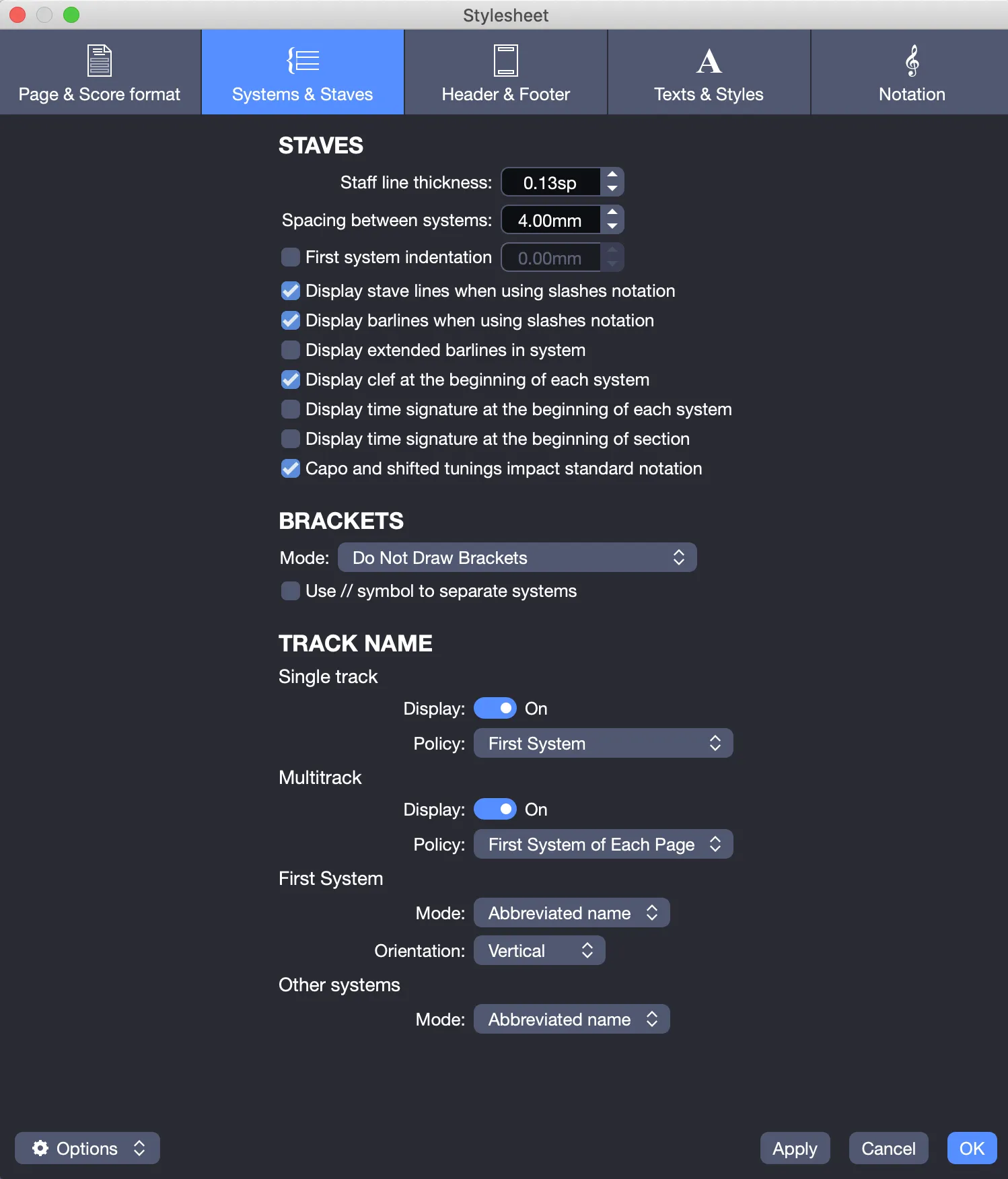 Systems & Staves tab