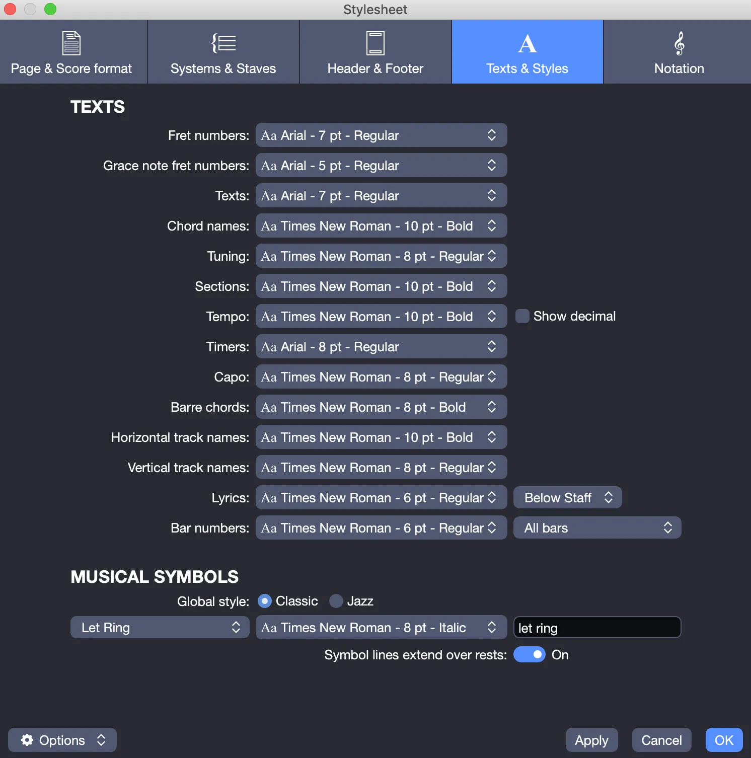 Texts & Styles tab