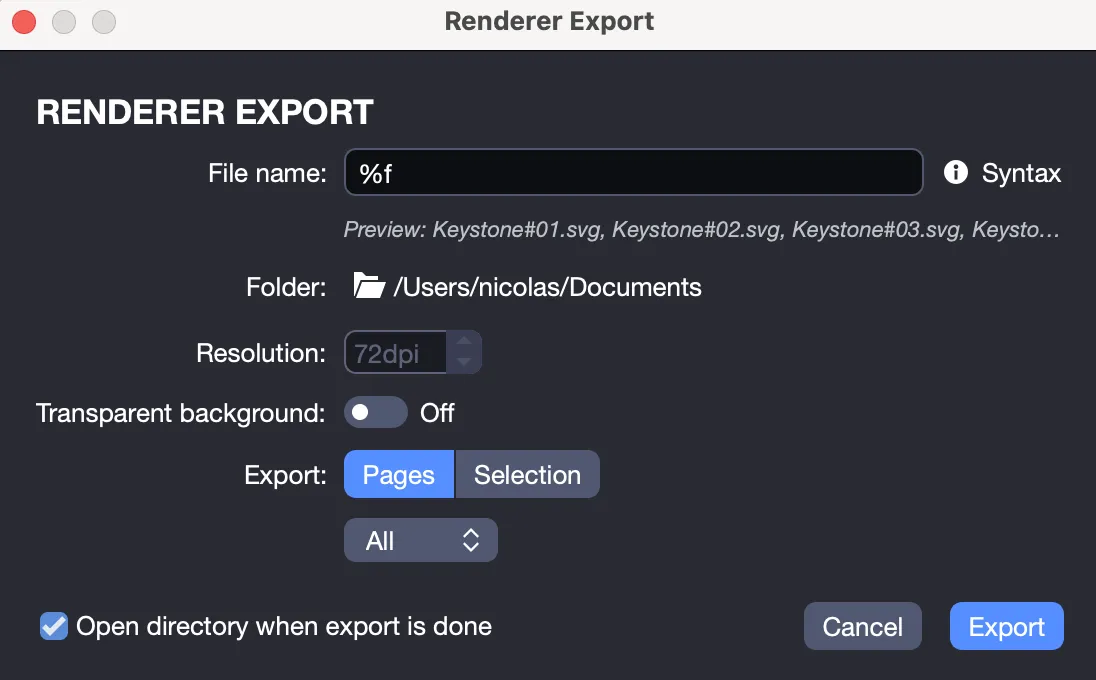 SVG export window