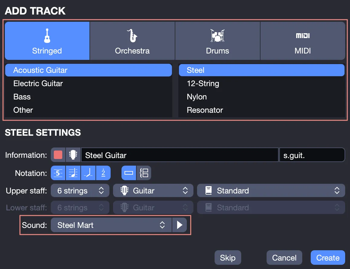 Track creation with sound selection
