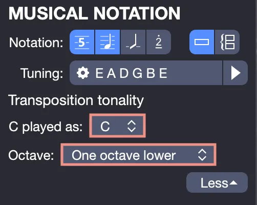 Transposition tonality settings in the Track Inspector