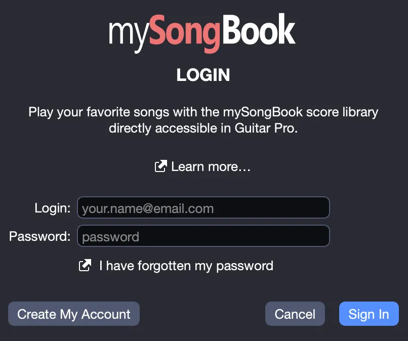 Ventana de inicio de sesión de mySongBook