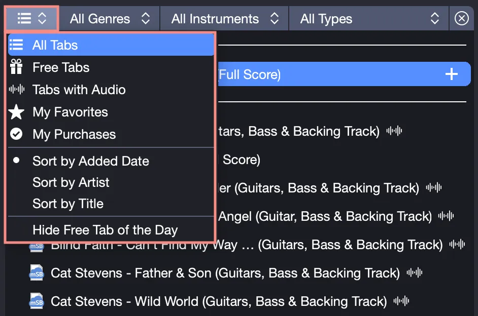 Categorías de mySongBook