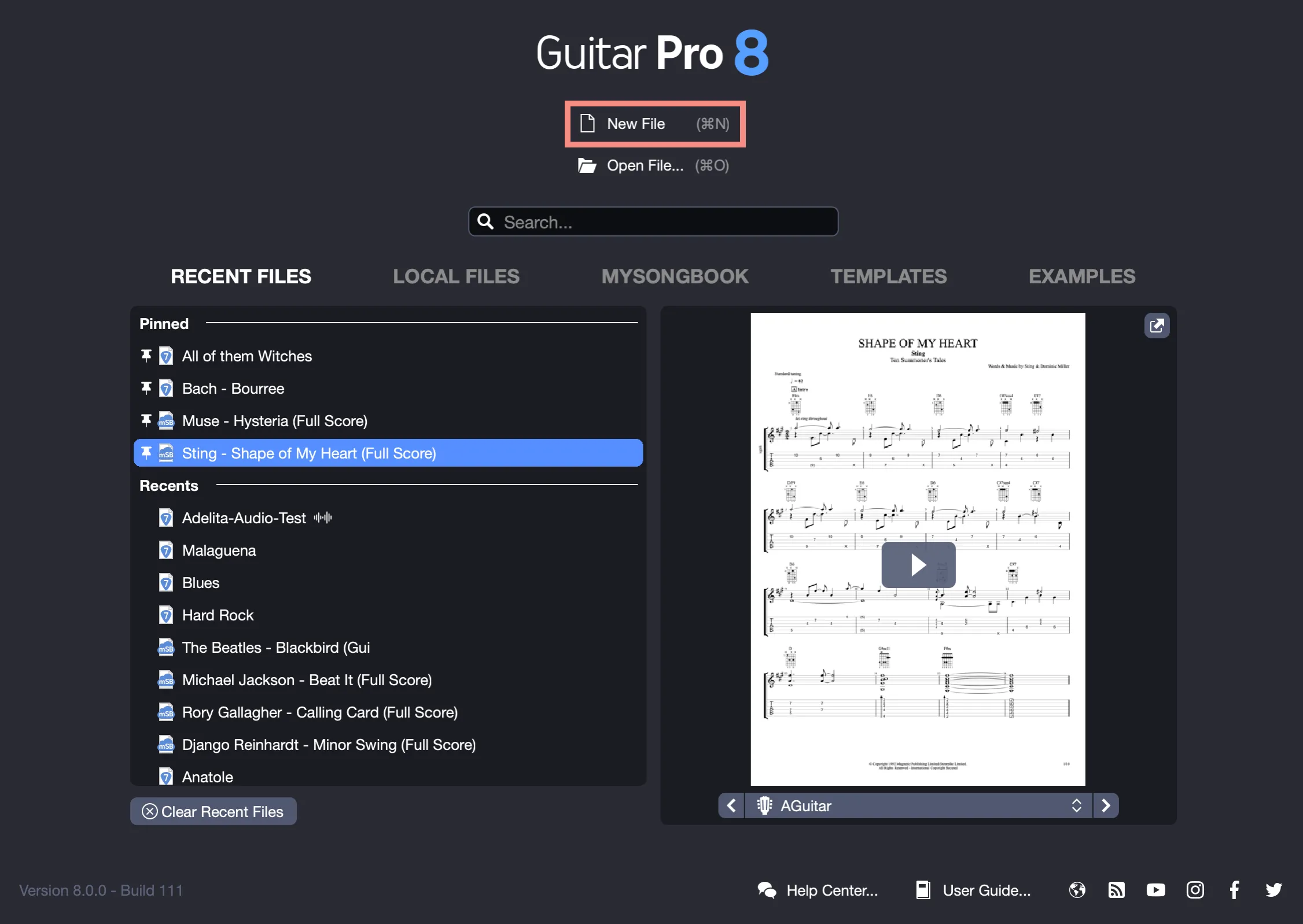 Pantalla de inicio de Guitar Pro