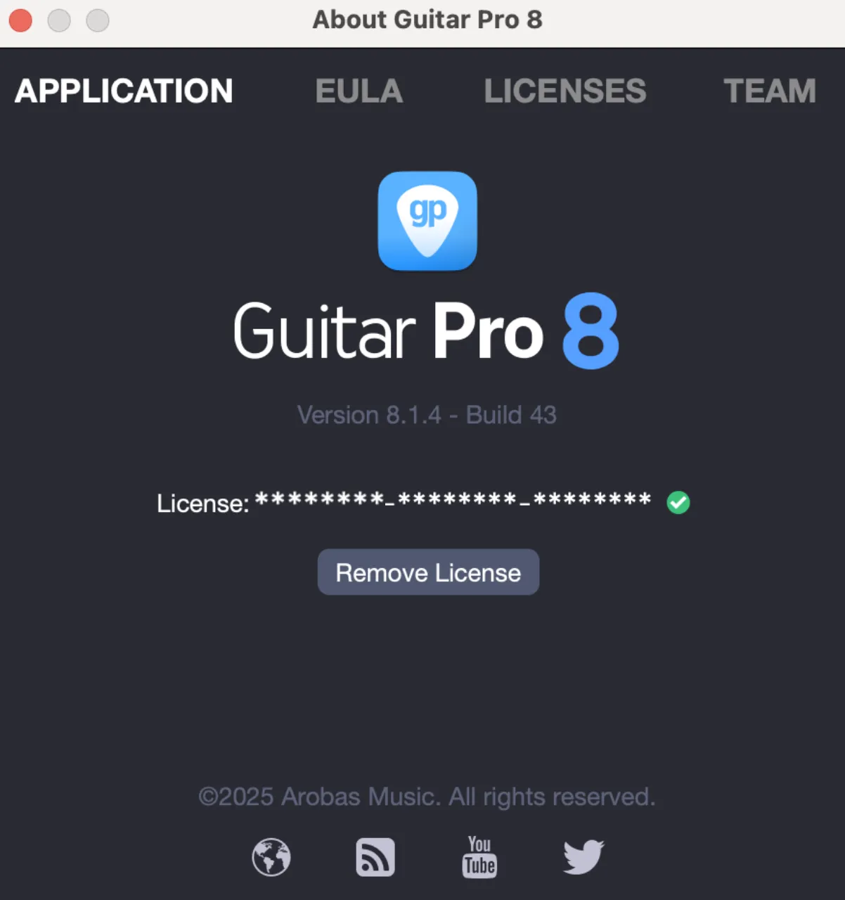 Ventana Acerca de Guitar Pro 8