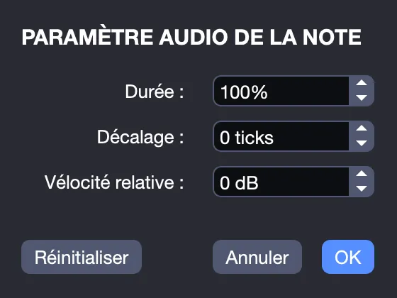 Paramètres audio de la note