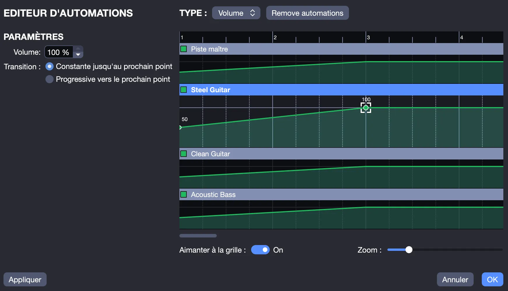 Fenêtre éditeur d’automations : volume