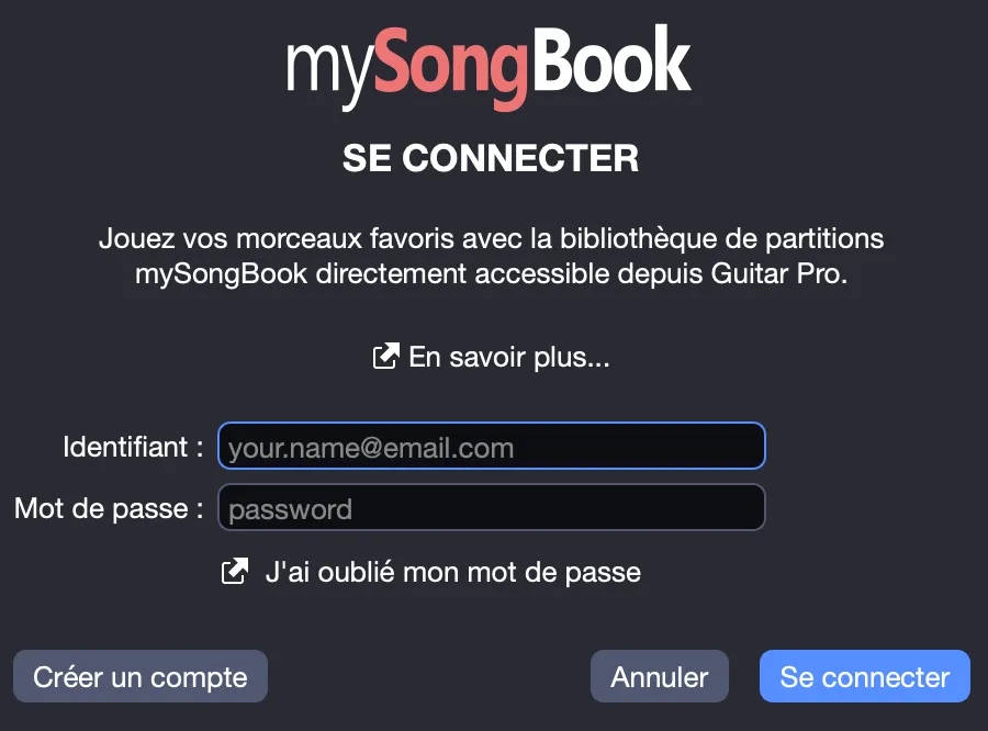 Fenêtre de connexion mySongBook
