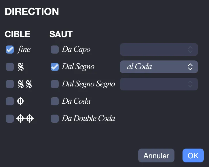 Fenêtre d’ajout de symboles de direction