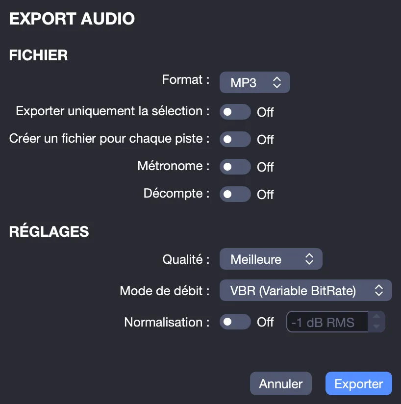 Fenêtre d’exportation audio