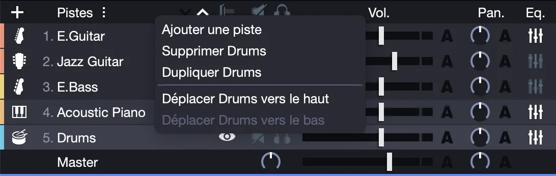 Menu contextuel d’une piste dans la vue globale
