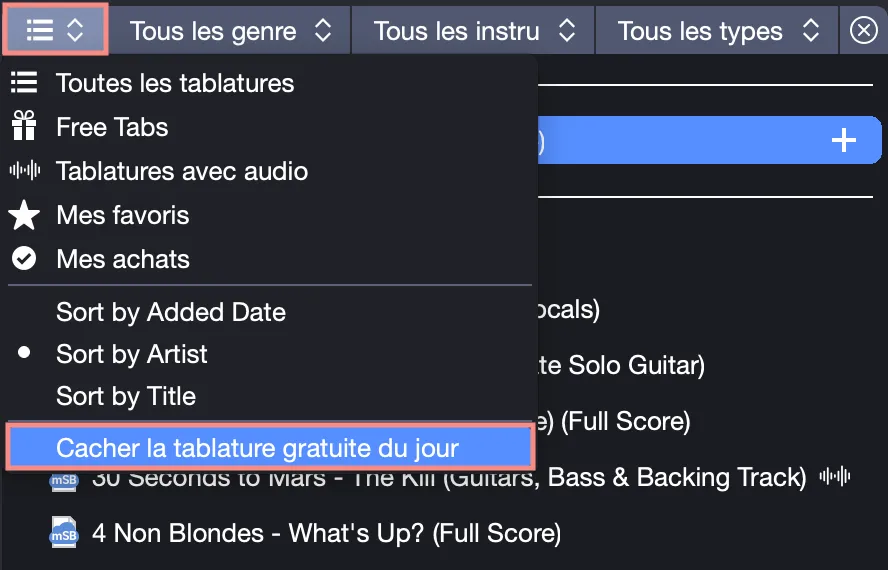 Masquer la tablature gratuite du jour