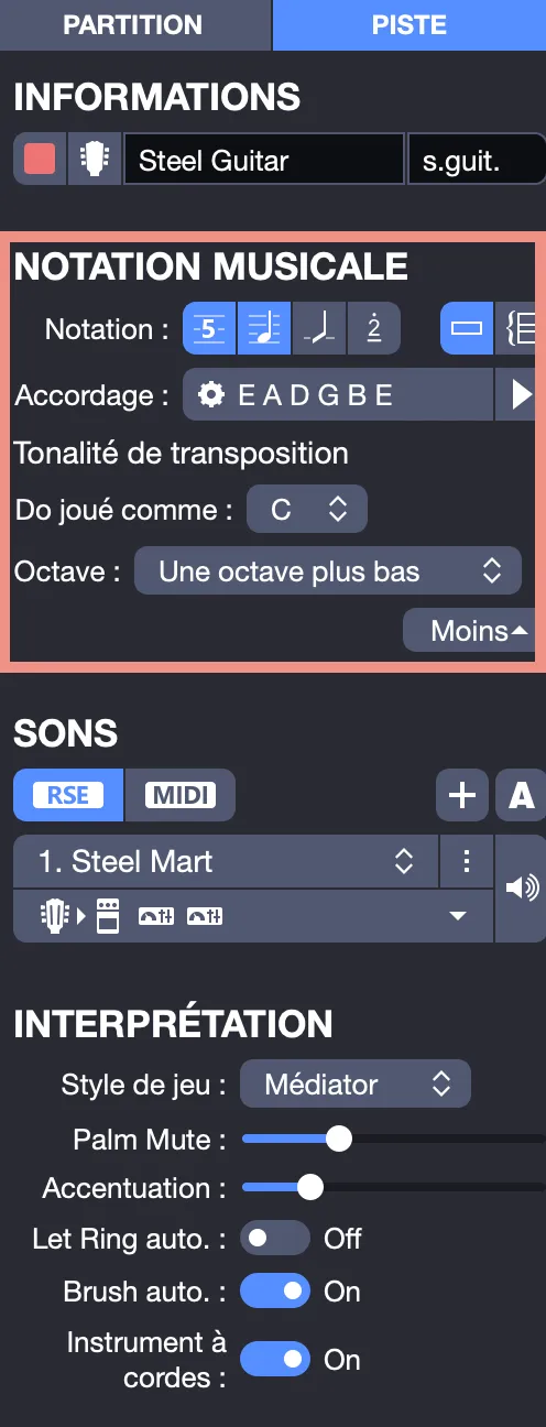 Notation musicale de la piste depuis l’inspecteur