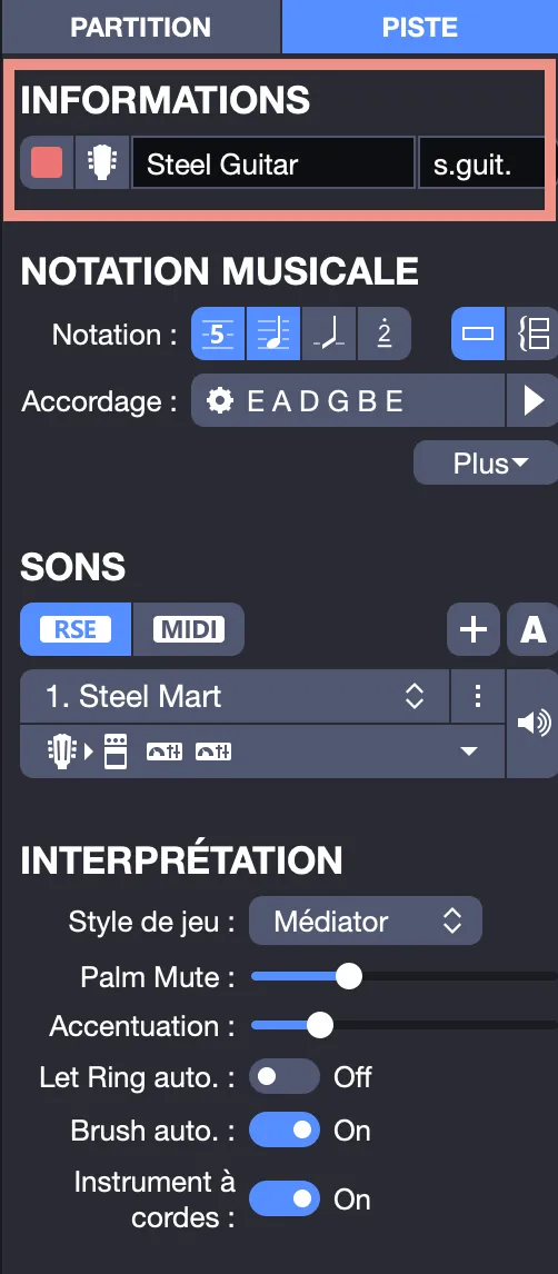Informations piste depuis l’inspecteur