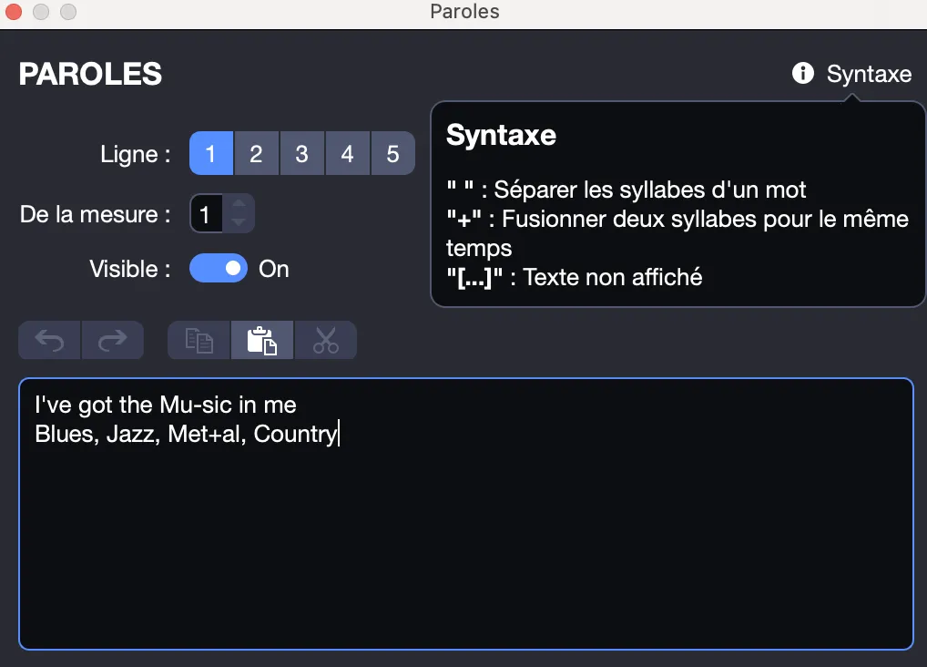 Fenêtre d’édition de paroles