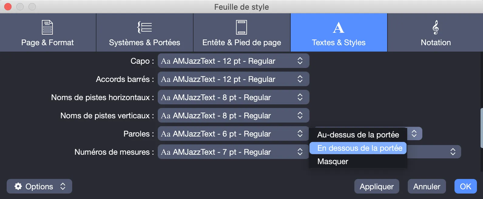 Paramétrer l’emplacement des paroles