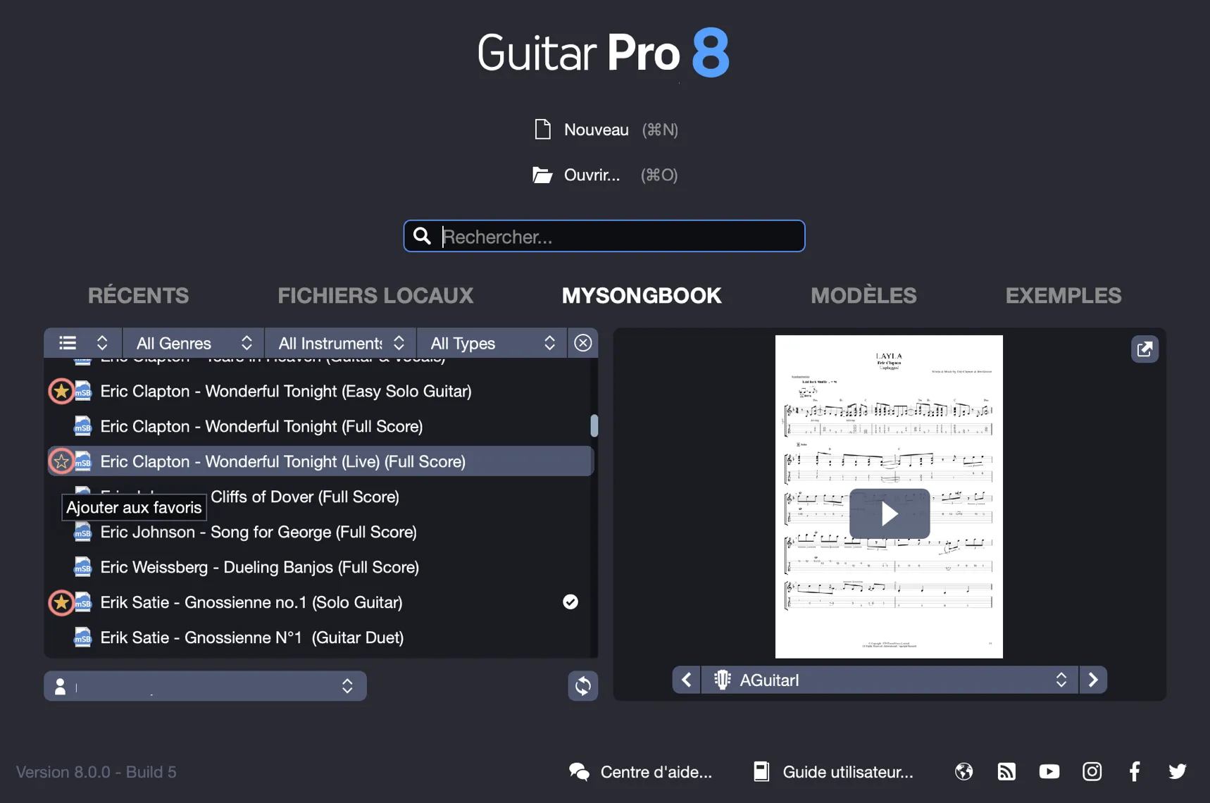 Favoris mySongBook dans Guitar Pro