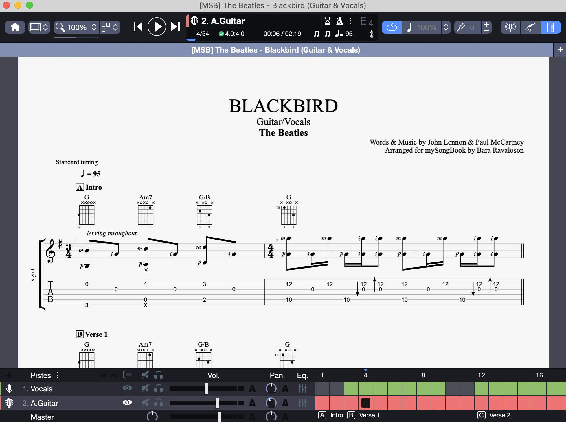 Partition mySongBook ouverte dans Guitar Pro