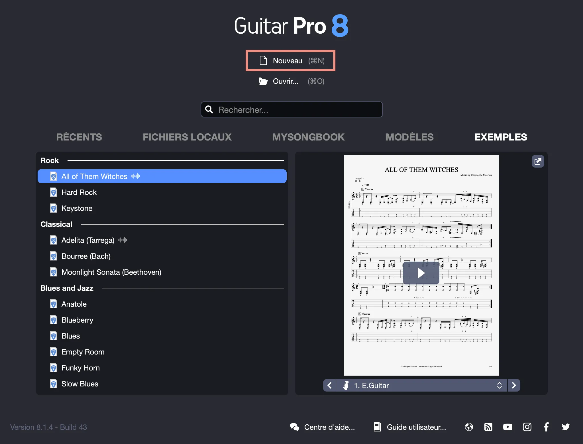 Écran d’accueil de Guitar Pro