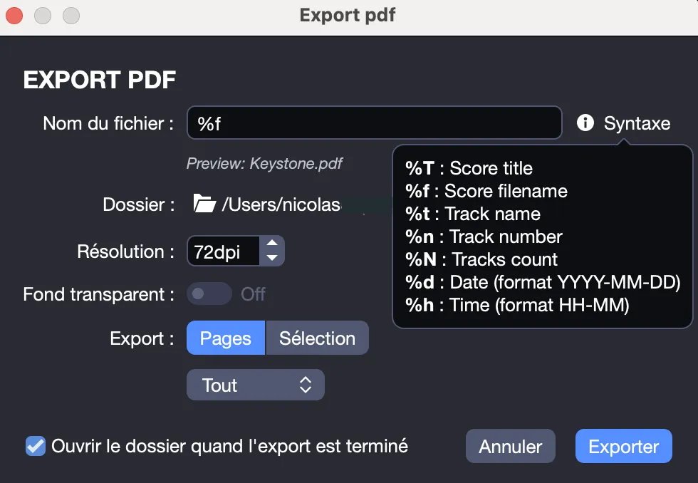 Fenêtre d’exportation PDF