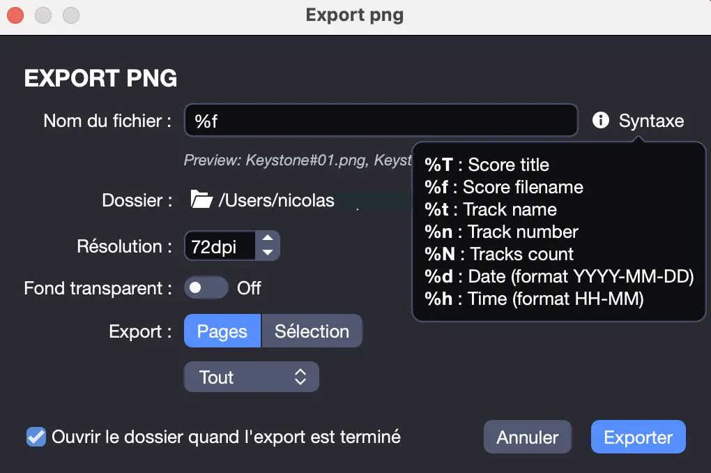 Fenêtre d’exportation PNG