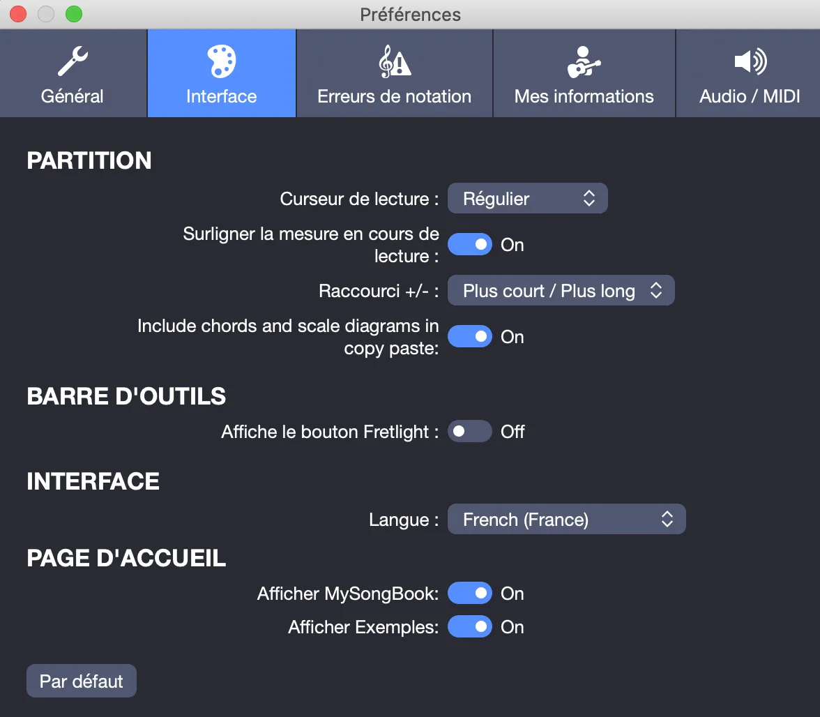 Préférences interface