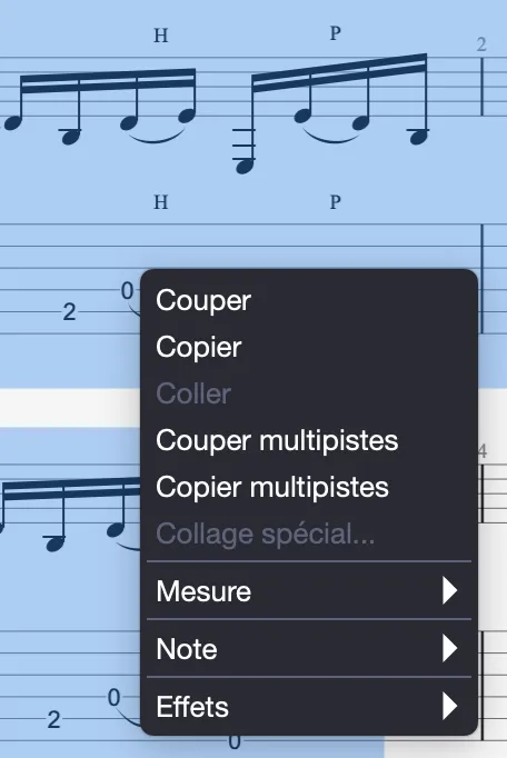 Menu contextuel dans la partition
