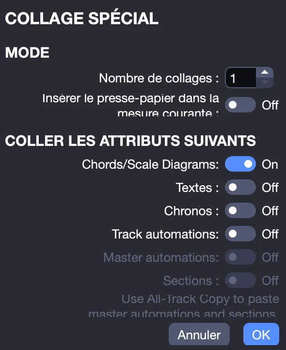 Fenêtre de collage spécial