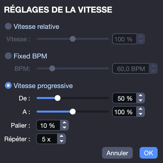 Réglages de vitesse progressive
