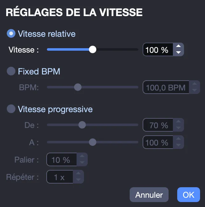 Réglages de vitesse relative