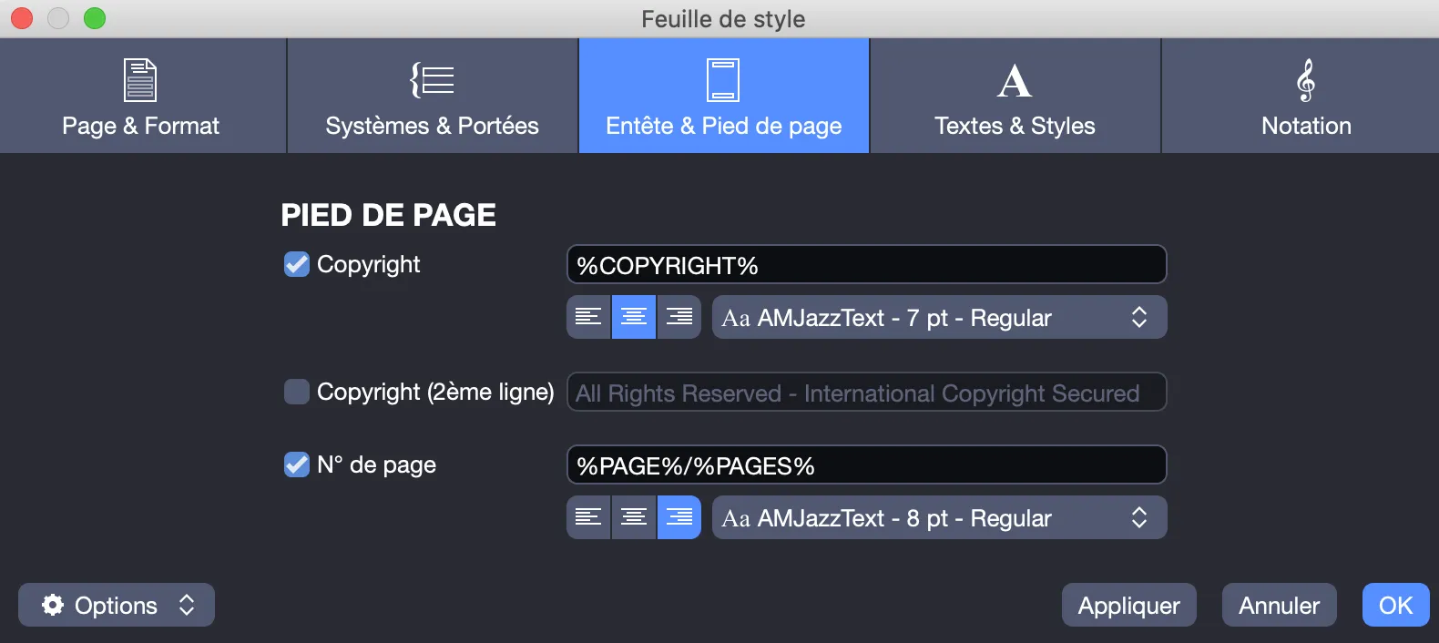 Réglages Pied de page