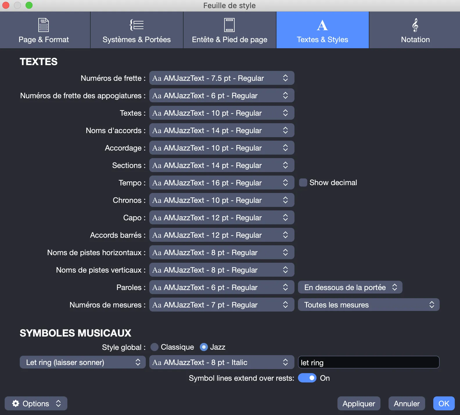 L’onglet Textes & Styles