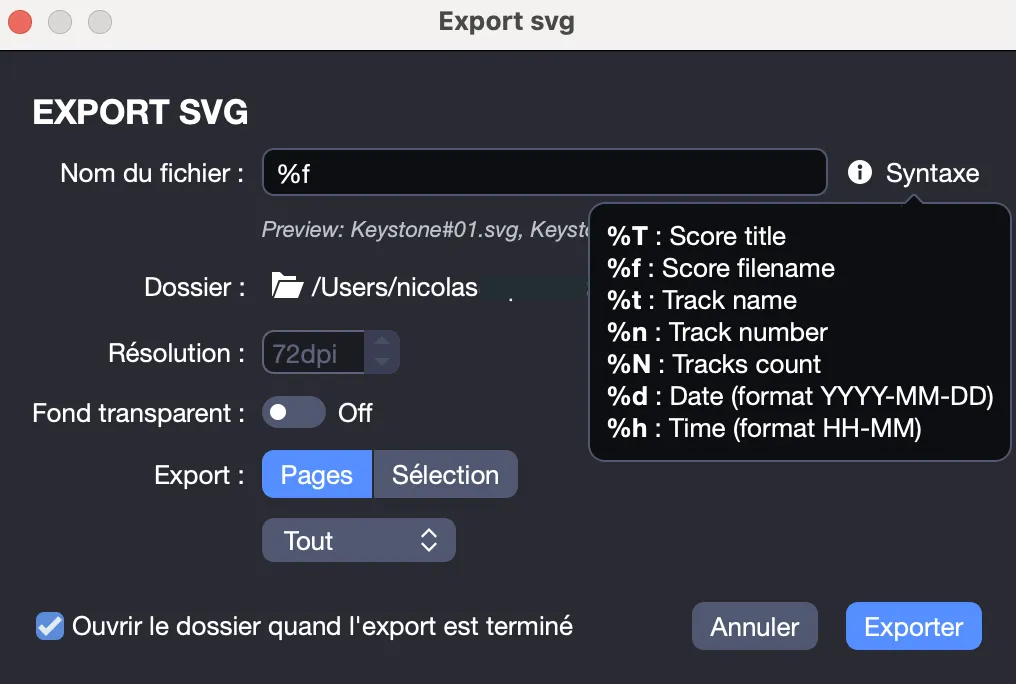 Fenêtre d’exportation SVG