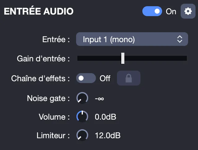 Popup de l’entrée audio, activée