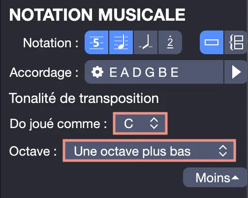 Réglages tonalité de transposition depuis l’Inspecteur Piste