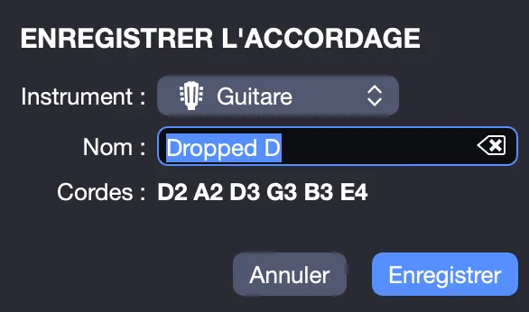 Fenêtre enregistrement d’accordage